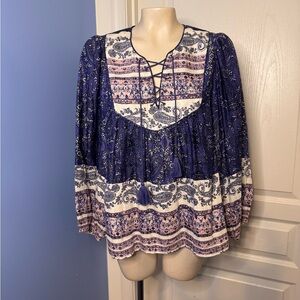 Lucky Brand Boho style Blue and White Patterned Blouse size Large
